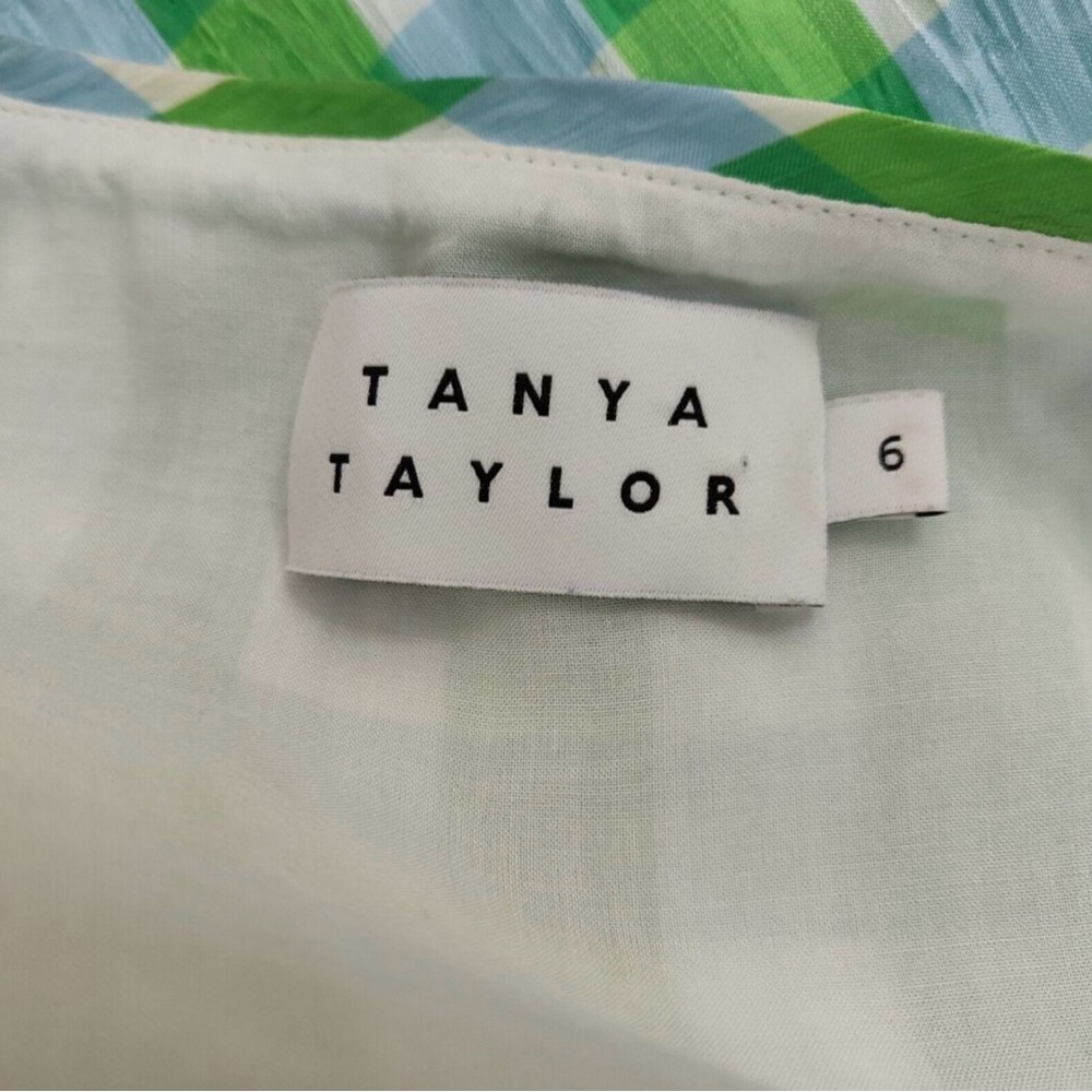 TANYA TAYLOR Natasha Gingham Faux Wrap Green Blue Puff Sleeve Ruffle Dress - Picture 9 of 12